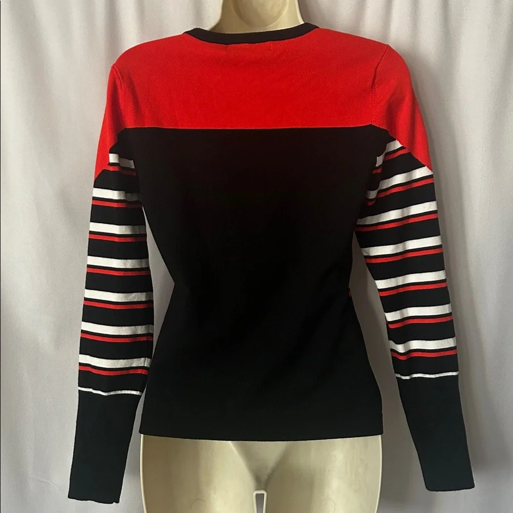 Karen Millen NWT Black/Orange/White Striped Long Sleeve Sweater Shirt Top - Picture 2 of 5
